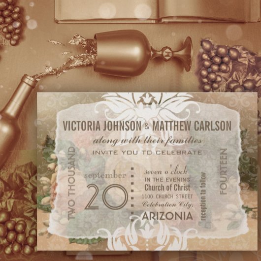 Uw foto Roos Gold Floral bruiloft uitnodigingen