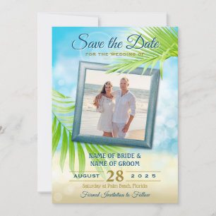 Uw foto Strand Bruiloft Tropische palmboom bladere Save The Date