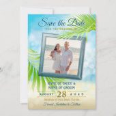 Uw foto Strand Bruiloft Tropische palmboom bladere Save The Date (Voorkant)
