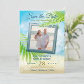 Uw foto Strand Bruiloft Tropische palmboom bladere Save The Date (Staand voorkant)