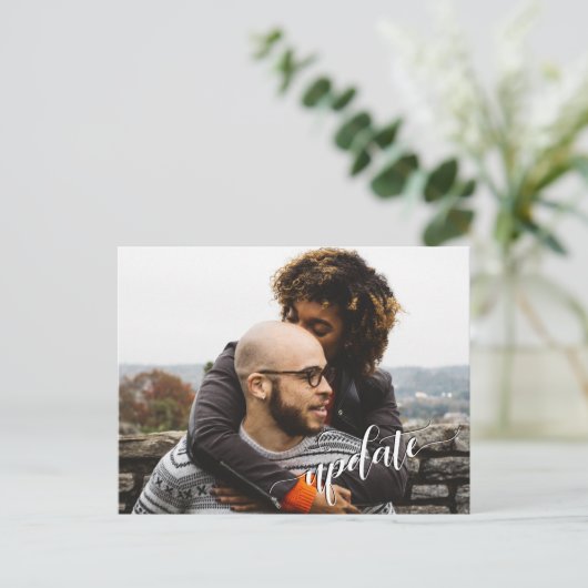 Uw foto + "update" tekst uitgesteld bruiloft briefkaart (Staand voorkant)