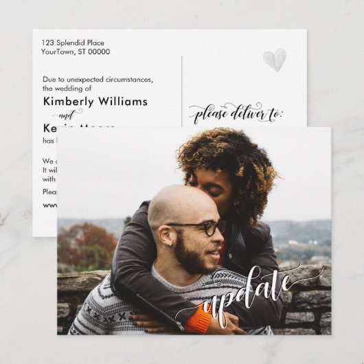 Uw foto + "update" tekst uitgesteld bruiloft briefkaart (Voorkant / Achterkant)