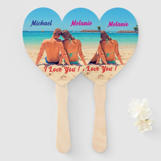 Uw foto Wedding Heart Hand Fans Aangepaste namen Handwaaier (Voorkant en achterkant)