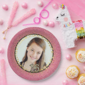 Uw foto weet 16 met roze glitter Bowl-papier P Papieren Bordje (Feest)
