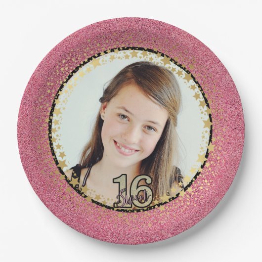 Uw foto weet 16 met roze glitter Bowl-papier P Papieren Bordje (Voorkant)