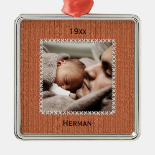 Uw fotonaam en datum - Oranje nit Patroon Metalen Ornament