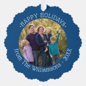 Uw foto's en naam Blue Border Holiday Ornament Kaart (Achterkant)