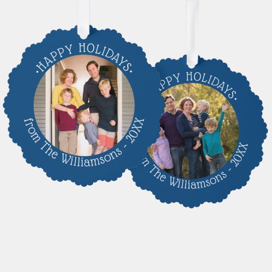 Uw foto's en naam Blue Border Holiday Ornament Kaart (Voorkant / Achterkant)