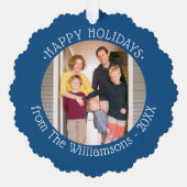 Uw foto's en naam Blue Border Holiday Ornament Kaart (Voorkant)