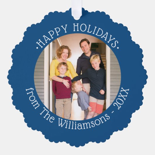 Uw foto's en naam Blue Border Holiday Ornament Kaart (Voorkant)