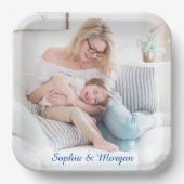 Uw foto's en namen in blauw script papieren bordje (Voorkant)