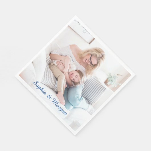 Uw foto's en namen in blauw script servet (Hoek)