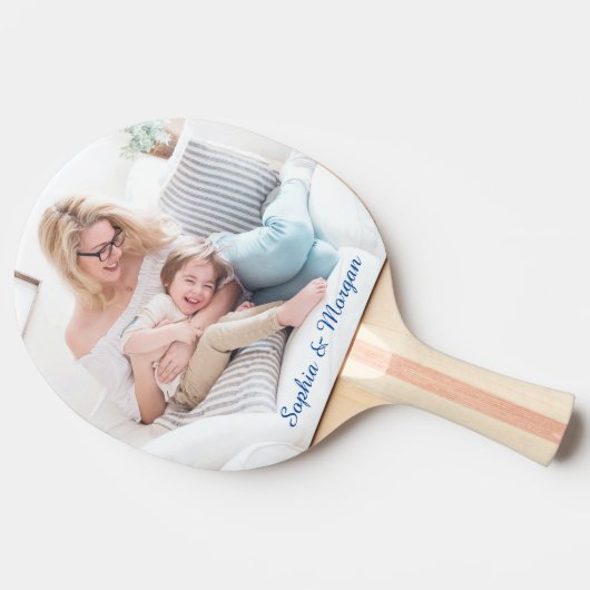 Uw foto's en namen in blauw script tafeltennisbatje (Zijkant)