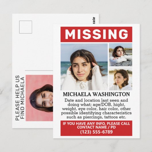 UW Foto's en tekst "MISSING" Briefkaart (Voorkant / Achterkant)