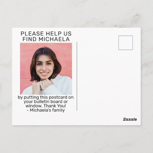 UW Foto's en tekst "MISSING" Briefkaart (Achterkant)