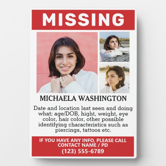 UW Foto's en tekst "MISSING" Fotoplaat (voorkant)