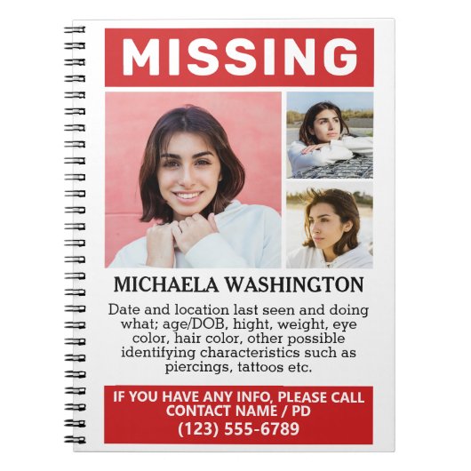 UW Foto's en tekst "MISSING" Notitieboek (Voorkant)