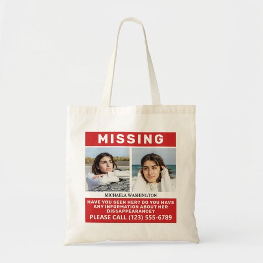 UW Foto's en tekst "MISSING PERSON" Tote Bag (Voorkant)