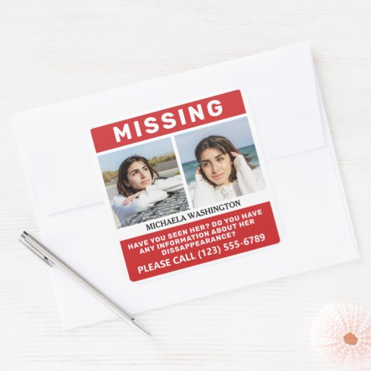 UW Foto's en tekst "MISSING PERSON" Vierkante Sticker (Envelop)