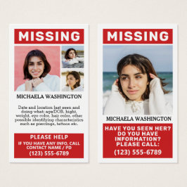 UW Foto's en tekst "MISSING PERSON" Visitekaartje