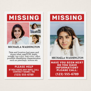 UW Foto's en tekst "MISSING PERSON" Visitekaartje