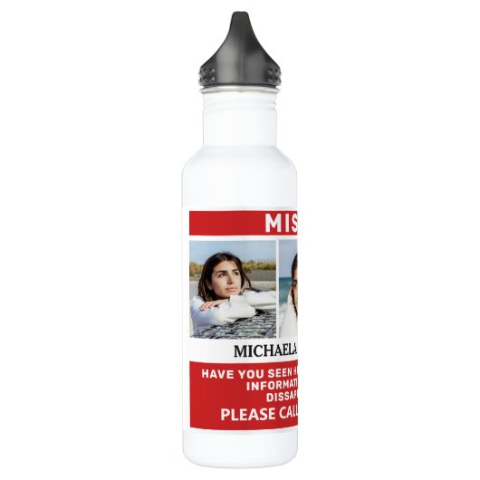 UW Foto's en tekst "MISSING PERSON" Waterfles (Links)