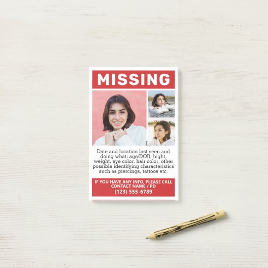 UW Foto's en tekst "MISSING" Post-it® Notes (Op bureau)