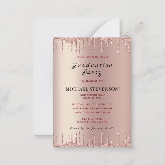 Uw Graduation Party Invitation Roos Gold Glitter Notitiekaartje (Voorkant)