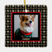 Uw Hond Foto met Gouden Pawprints op Zwart Keramisch Ornament (Voorkant)