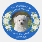 Uw huisdier foto, Bewaar de datum, kobalt blauw &  Ronde Sticker (Voorkant)