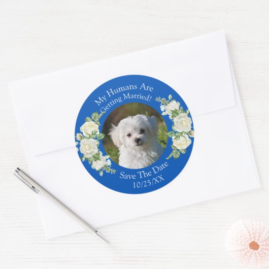 Uw huisdier foto, Bewaar de datum, kobalt blauw &  Ronde Sticker (Envelop)