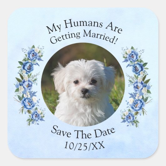 Uw huisdier Foto Mensen Trouwen, Blauwe pioen Vierkante Sticker (Voorkant)