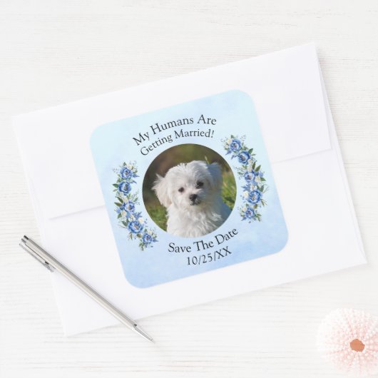 Uw huisdier Foto Mensen Trouwen, Blauwe pioen Vierkante Sticker (Envelop)