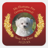 Uw huisdierfoto, Bewaar de datum, Gouden bloemen b Vierkante Sticker (Voorkant)