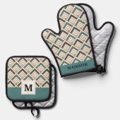 Uw Initiaal toevoegen | Blauwgroen geometrisch pat Ovenwant & Pannenlap Set (Voorkant / Achterkant)