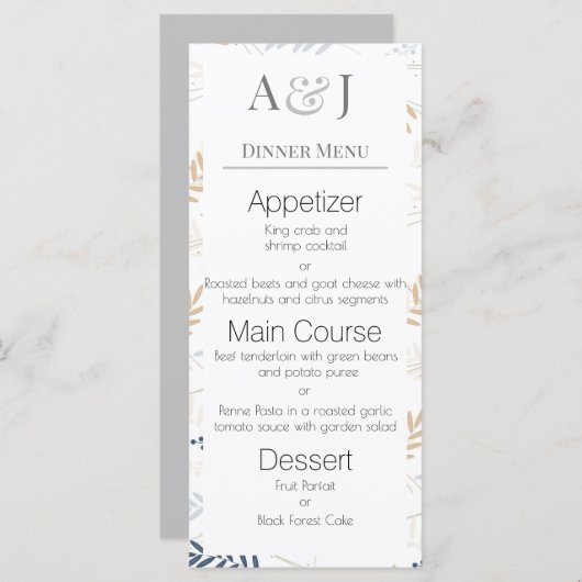 Uw Initialen met Blauwe en Beige varen bladeren Menu (Voorkant / Achterkant)