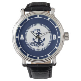 Uw Initialen, nautische blauwe anker zeiler stijl Horloge