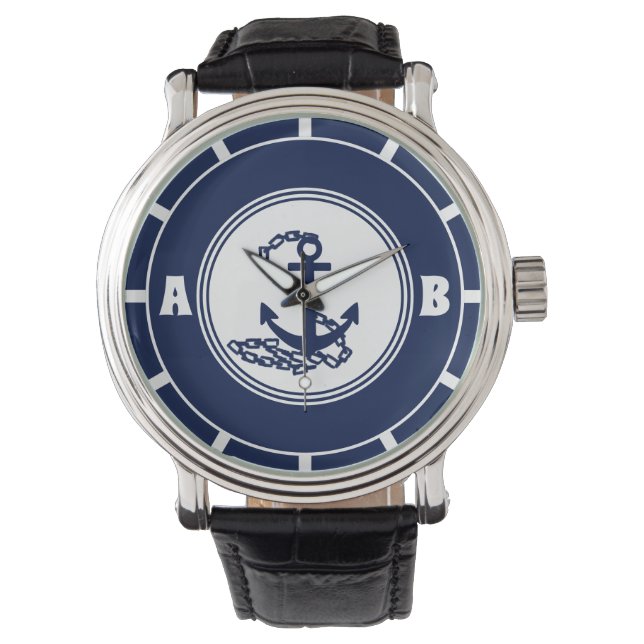 Uw Initialen, nautische blauwe anker zeiler stijl Horloge (Voorkant)