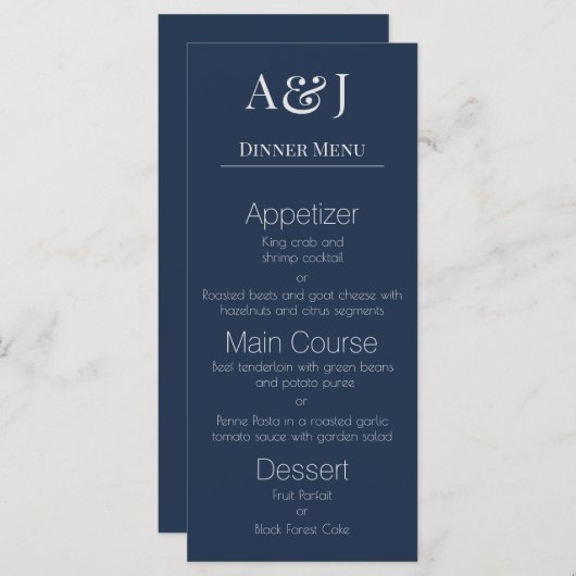 Uw Initialen op Navy Blue Modern en Elegant Menu (Voorkant / Achterkant)