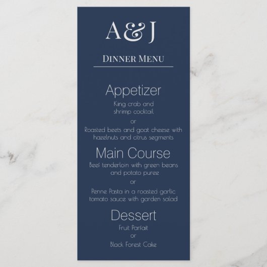 Uw Initialen op Navy Blue Modern en Elegant Menu (Voorkant)