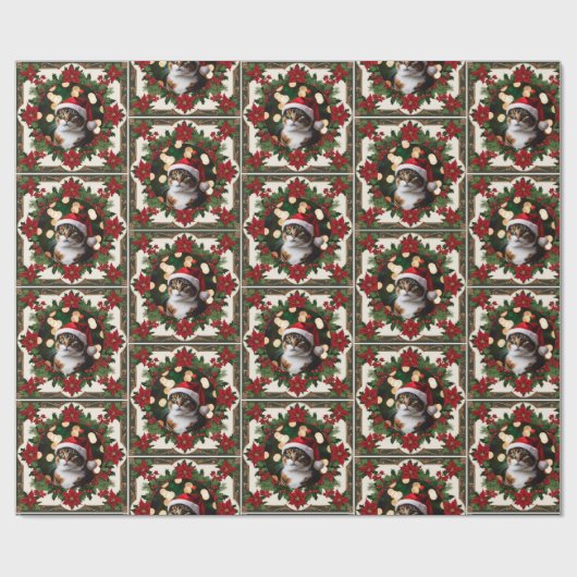 Uw Kerst Huisdier Kat Foto Rood Groen Cadeaupapier (Vlak)