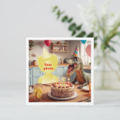 Uw kind met dinosaurus, velociraptor verjaardag kaart (Staand voorkant)