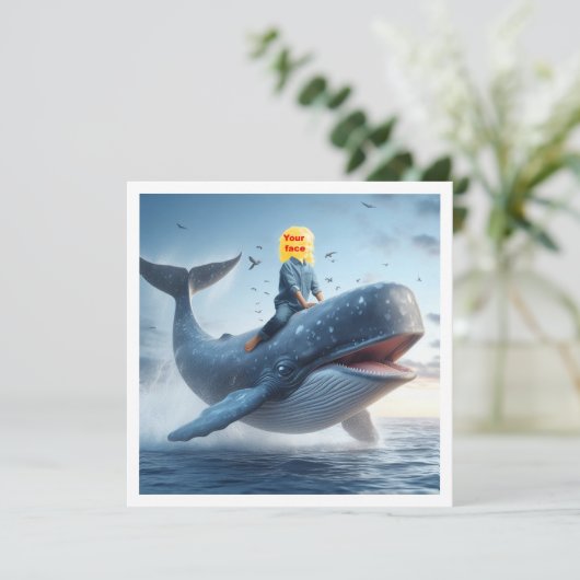 Uw kind op een walvis, walvis wenskaart kaart (Staand voorkant)