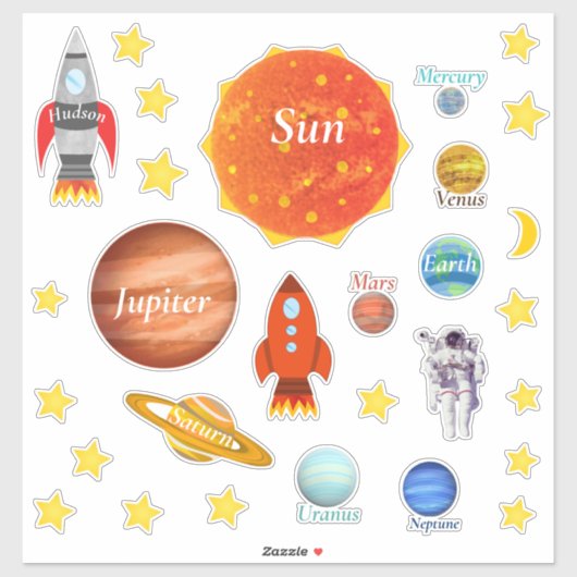Uw kindernaam Planets Spaceships Solar System Sticker (Vel)