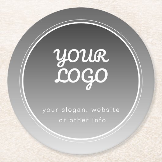 Uw Logo & Bewerkbare Tekst | Donkergrijze Gradiënt Ronde Kartonnen Onderzetter (Voorkant)