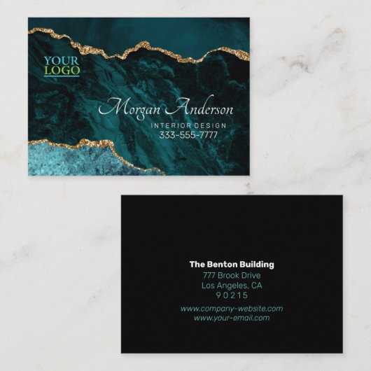 Uw Logo Blauwgroen Agaat Goud Blk Elegant Professi Visitekaartje (Voorkant / Achterkant)