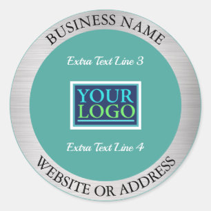 Uw Logo Bus. Promo, Info, Zilver Metaal & Teal Ronde Sticker