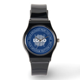 Uw Logo & circulaire tekst | Marine Blauw Horloge