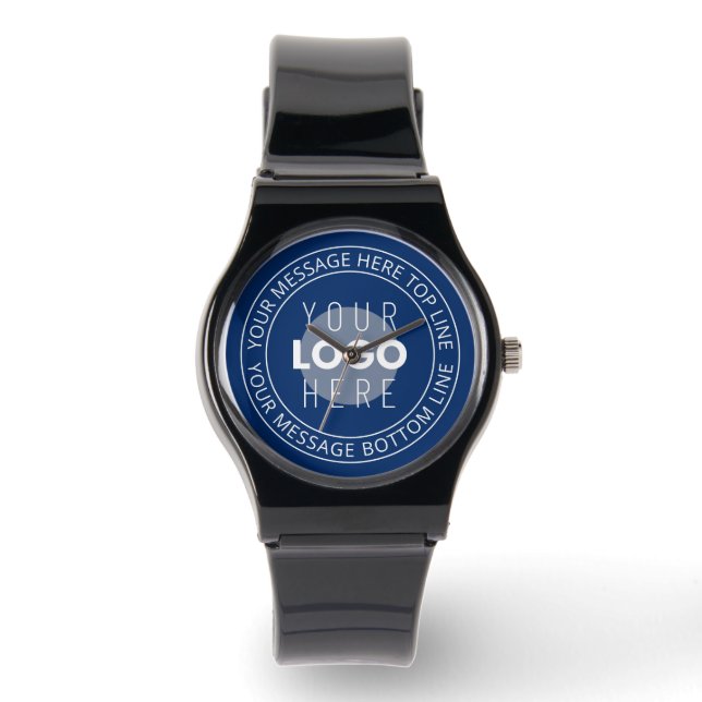 Uw Logo &  circulaire tekst | Marine Blauw Horloge (Voorkant)