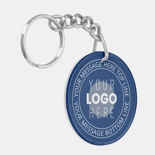 Uw Logo &  circulaire tekst | Marine Blauw Sleutelhanger (Voorkant Links)